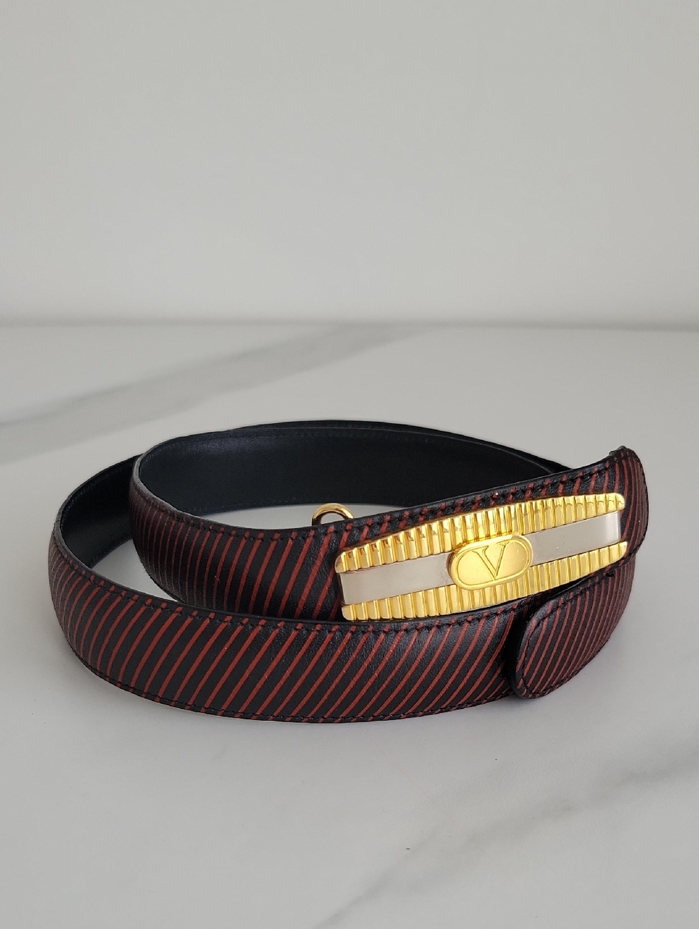 Vintage Valentino Black and Red Striped Leather Belt with Gold Plaque